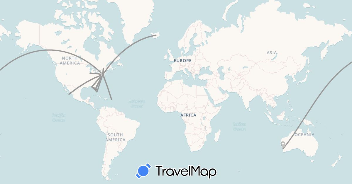 TravelMap itinerary: driving, plane in Australia, Canada, Iceland, Mexico, United States (Europe, North America, Oceania)